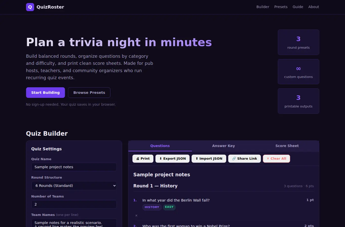 Screenshot of QuizRoster Builder interface showing the project page in use